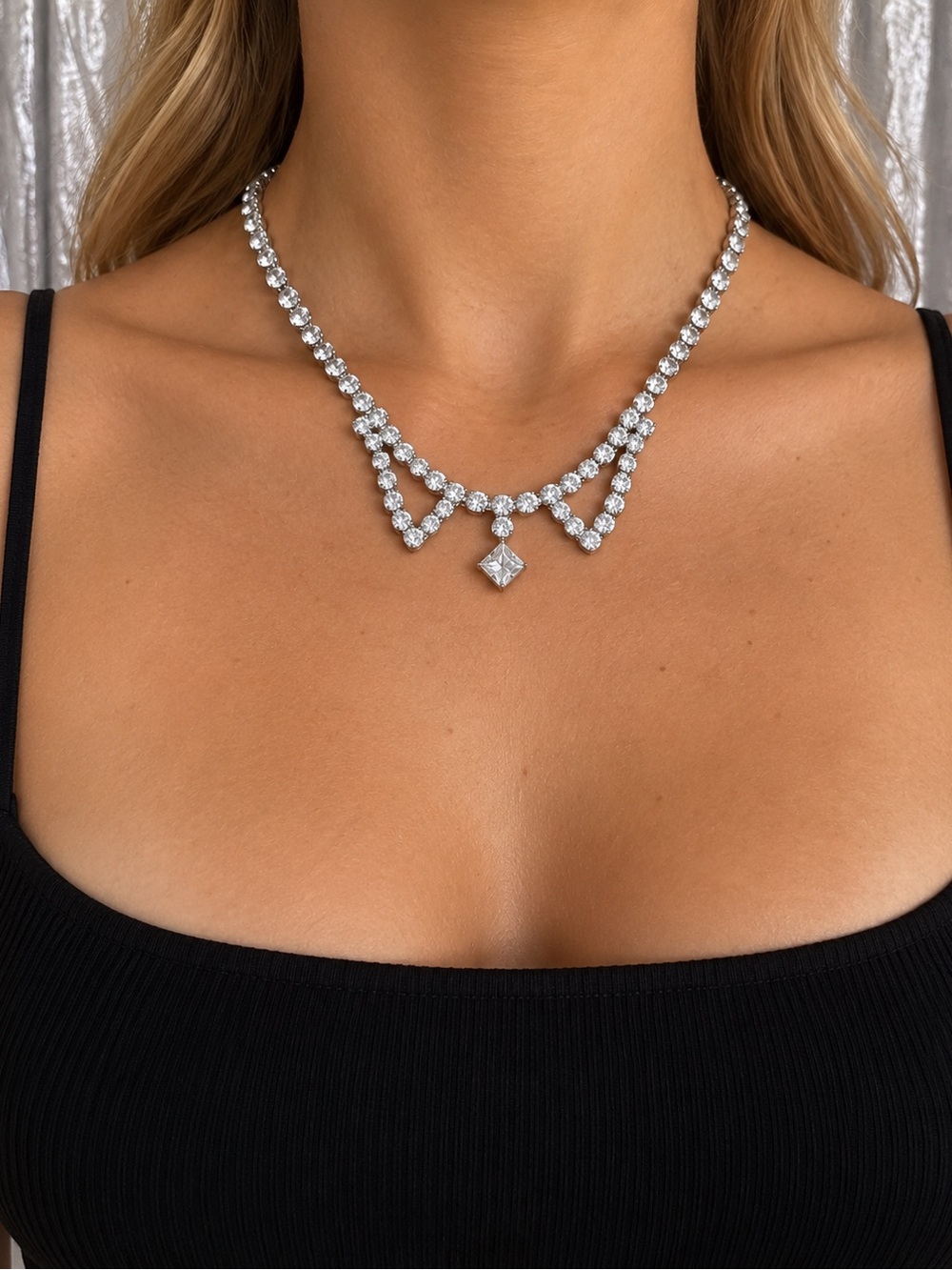 Vintage Rhinestone Collar Necklace Silver Tone Square Drop Bridal Statement